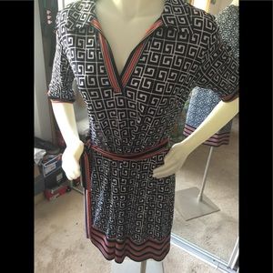 Blue and white dress with accent of red